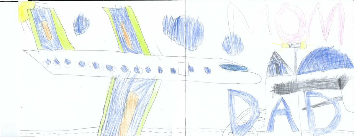 A blue and green airplane beside buildings, clouds, and large MOM and DAD lettering