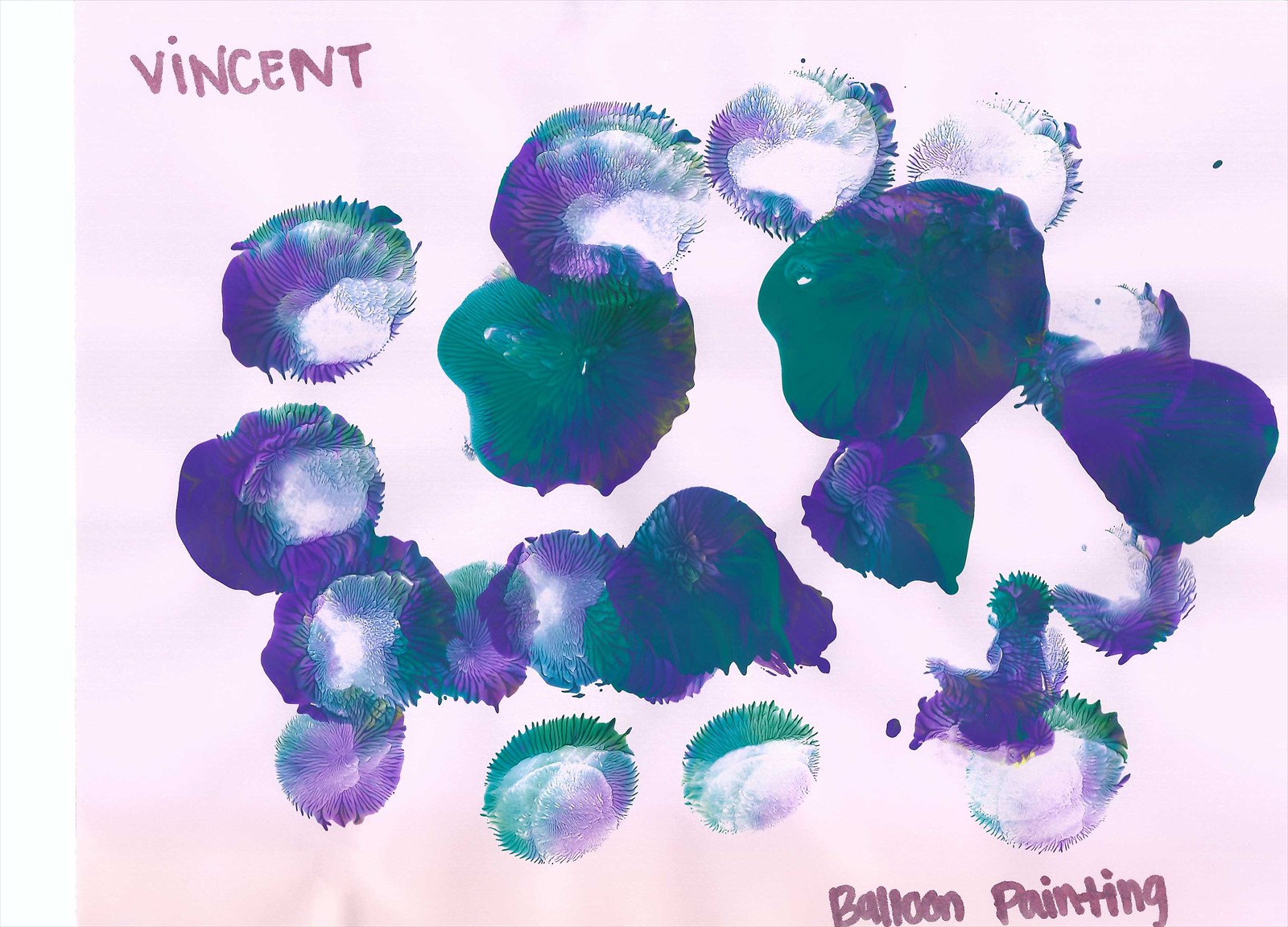 Purple, teal, and white balloon-print shapes on pale pink paper