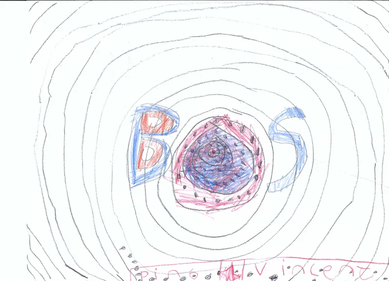 Concentric pencil rings around a red and blue circle and large blue lettering