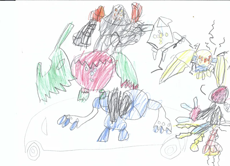 Colored pencil drawing of red, green, blue, and yellow creatures