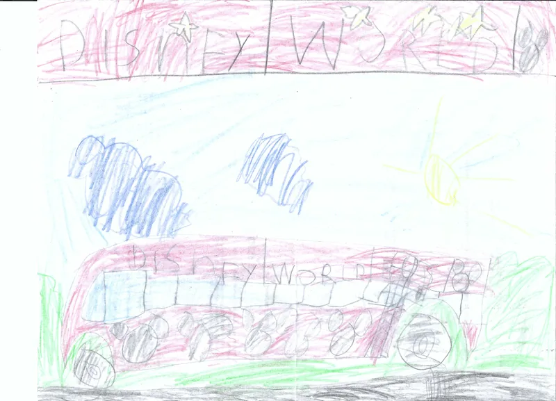 Drawing of a Disney World bus beneath clouds and a yellow sun