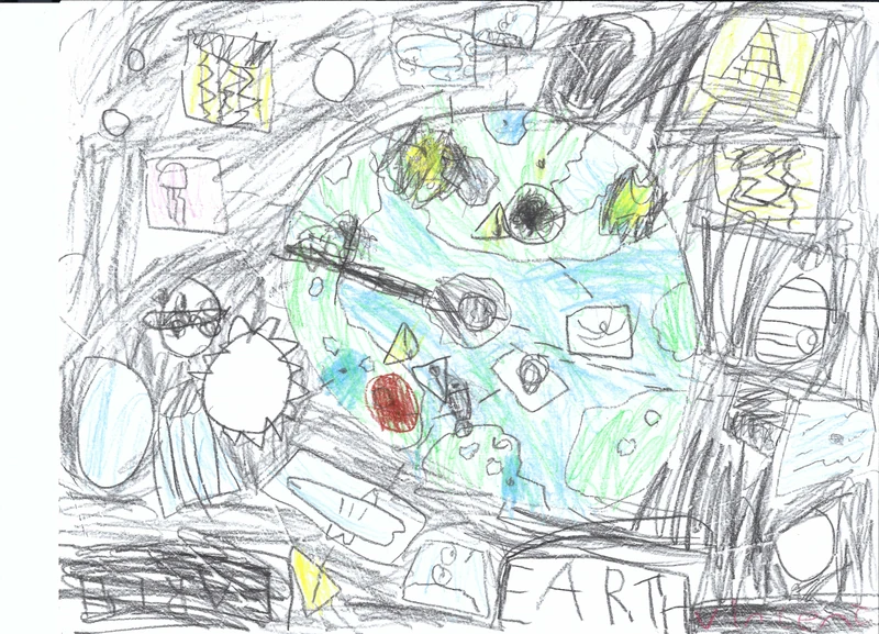Crayon drawing of a blue and green Earth surrounded by planets, stars, and small outlined shapes