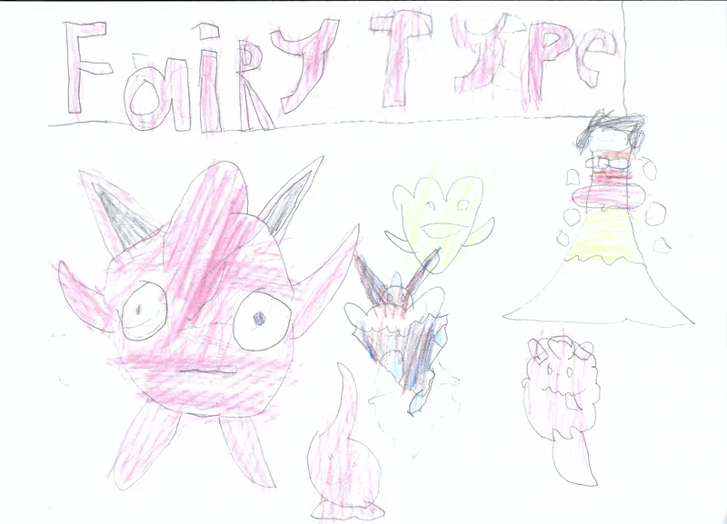 Pink and yellow creatures beneath the handwritten words Fairy Type