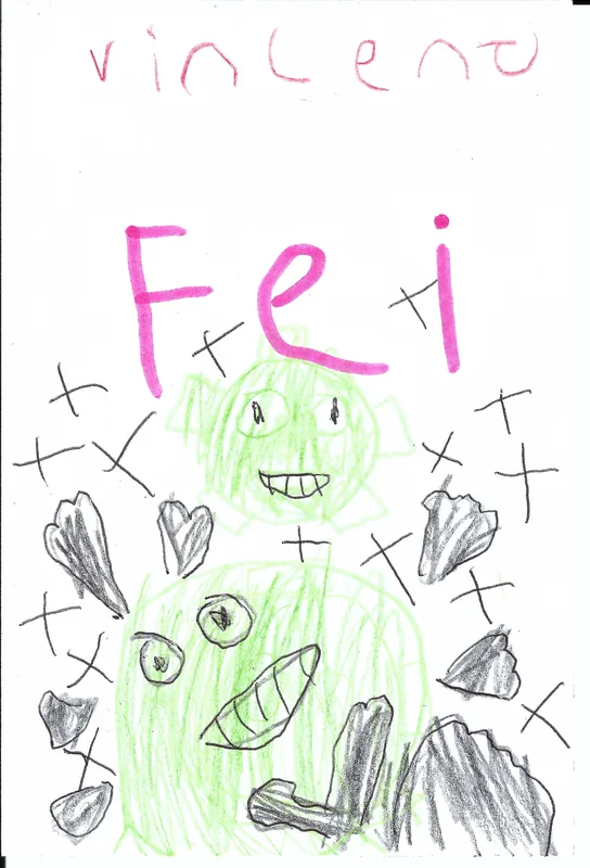 Two smiling green creatures surrounded by pencil hearts beneath Vincent's name and large pink Fei lettering