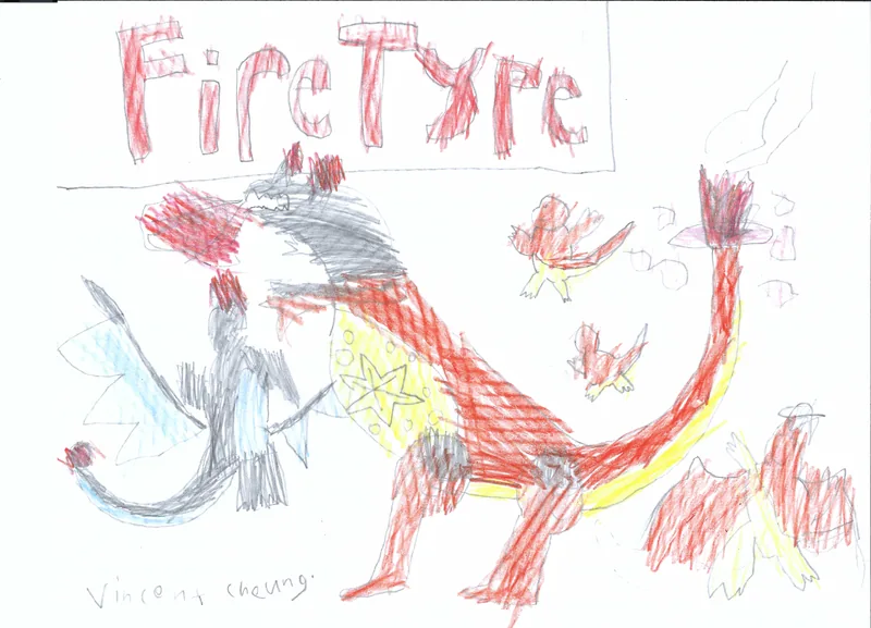 Red and orange creatures with flames beneath the handwritten words Fire Type