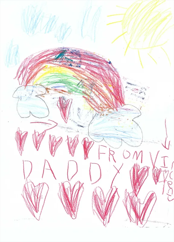 A crayon rainbow, sun, clouds, hearts, and a message for Daddy