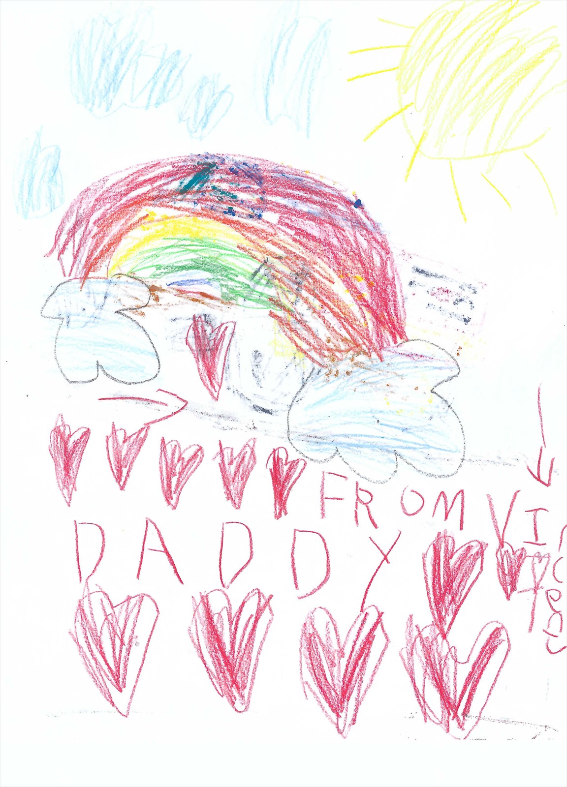 A crayon rainbow, sun, clouds, hearts, and a message for Daddy