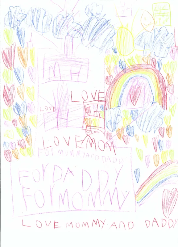 Rainbows, clouds, hearts, and handwritten messages for Mommy and Daddy