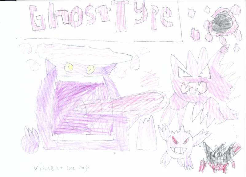Purple and pink ghost creatures beneath the handwritten words Ghost Type