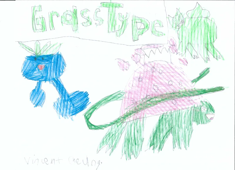 Green and blue creatures beneath the handwritten words Grass Type