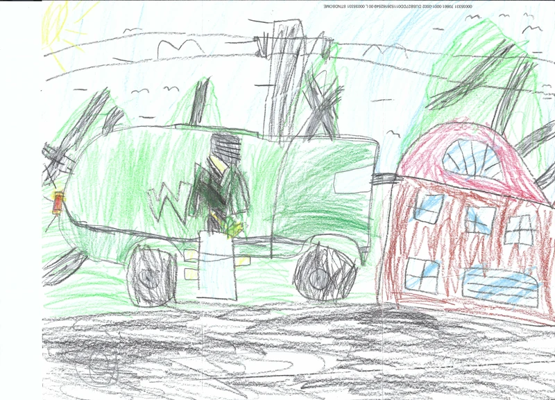 Crayon drawing of a green truck beside a red building, trees, and a road