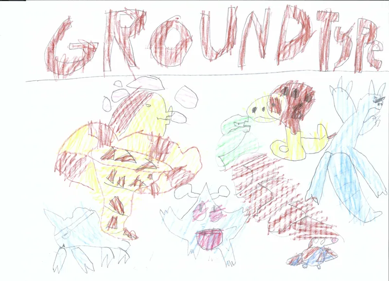 Brown, yellow, and blue creatures beneath the handwritten words Ground Type