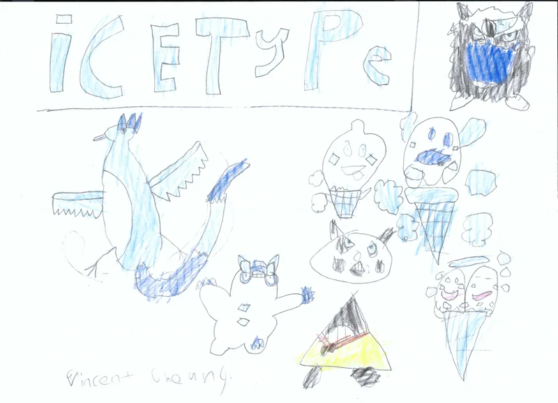 Blue ice-themed creatures beneath handwritten Ice Type lettering