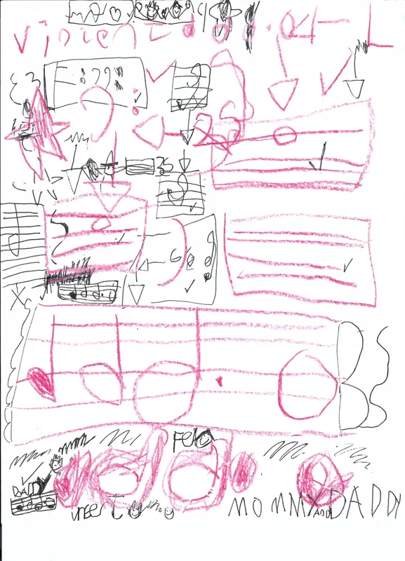 Pink and black musical notes and staves with hearts and handwritten messages for Mommy and Daddy