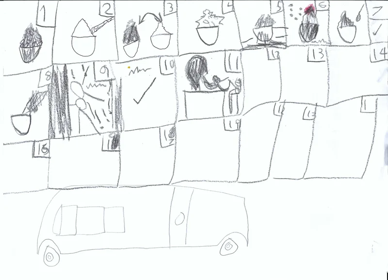 A numbered grid of pencil creatures above a bus with outlined wheels and windows