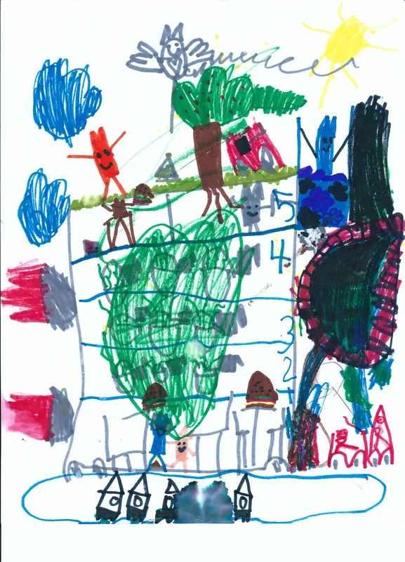 Colorful figures, green trees, a sun, and a dark structure beside numbered blue lines