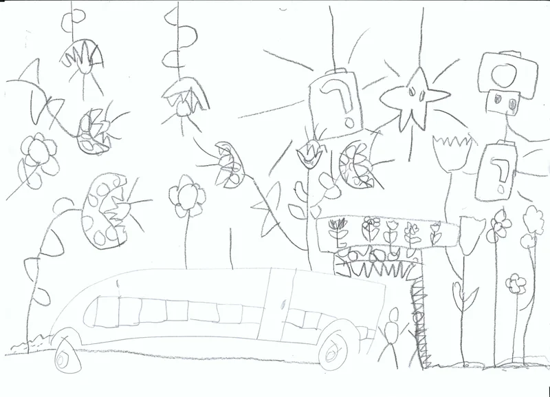 Pencil drawing of plants, flowers, and a bus