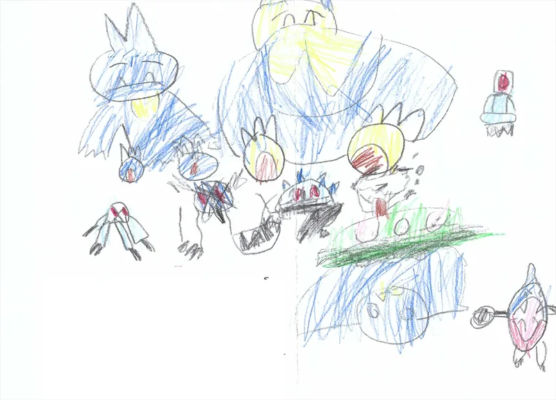 A crayon drawing of Pokémon in a battle scene