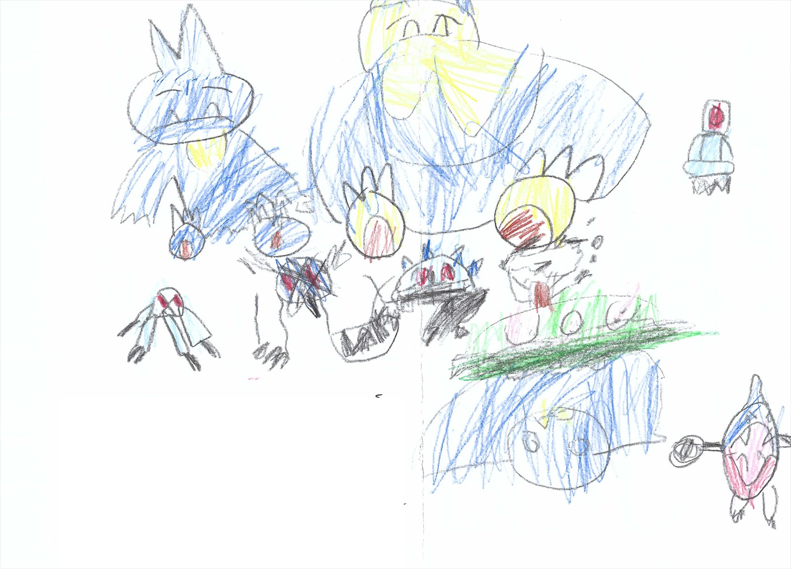 A landscape crayon battle scene with colorful creatures and flying shapes
