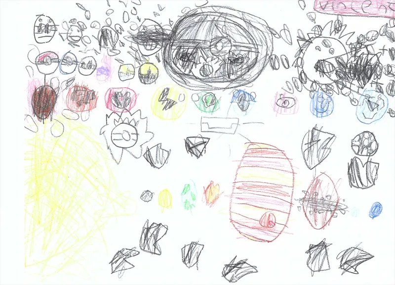 A crayon drawing of Pokémon and colorful shapes