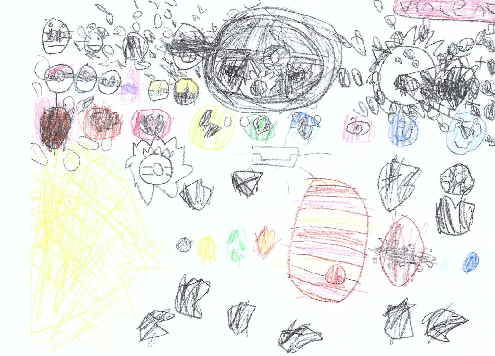 A busy crayon world filled with creatures, shapes, and bright color