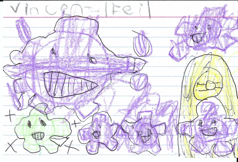Purple and green creatures with smiling faces on lined notebook paper beside Vincent's handwritten name