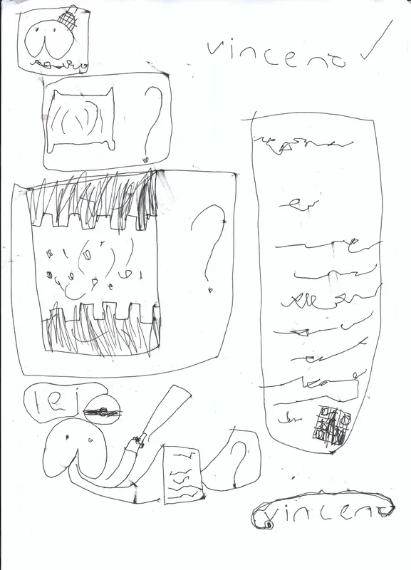 Black pen doodles in outlined boxes, several question marks, and Vincent's handwritten name
