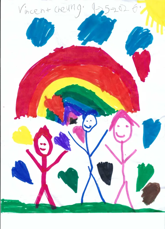 Three smiling people beneath a rainbow, surrounded by colorful hearts