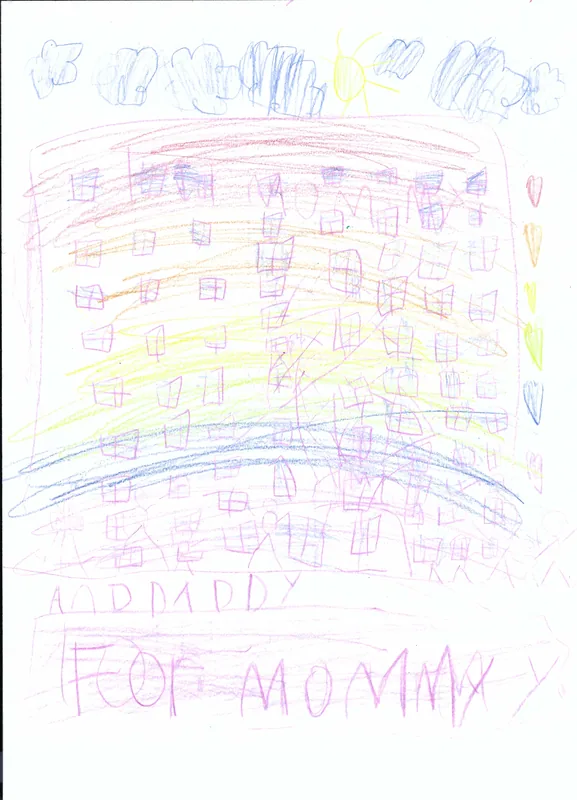 Rainbow-colored bands filled with small outlined shapes, with clouds, hearts, and messages for Mommy and Daddy