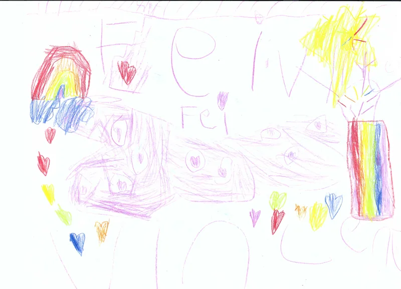 Pale purple faces surrounded by colorful hearts, a rainbow, and a yellow star