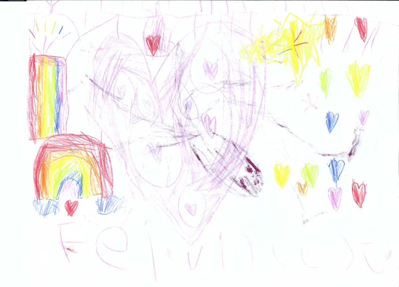 Colorful hearts, a rainbow, a yellow star, and a large pale purple star with faces