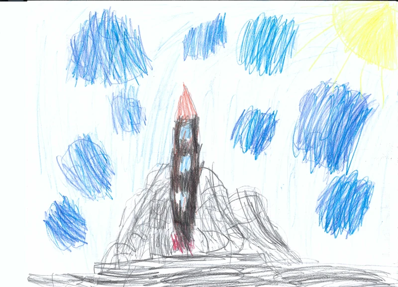 Crayon drawing of a rocket above mountains beneath a yellow sun and blue clouds