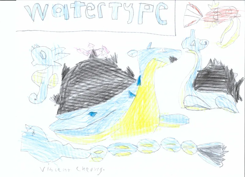 Blue and yellow water creatures beneath the handwritten words Water Type